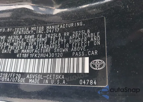 2017 Toyota Camry Se z USA, uszkodzony, nr VIN 4T1BF1FK2HU430120